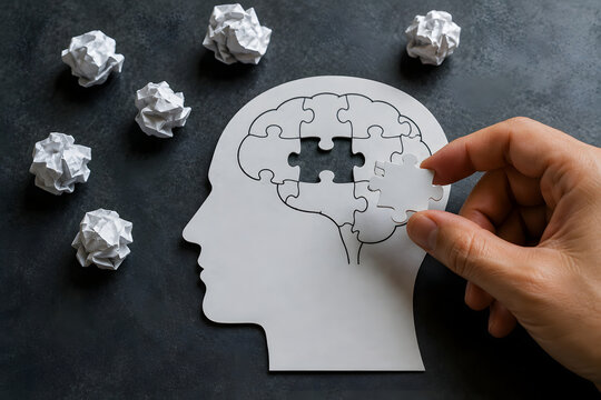 A hand places the final puzzle piece into a head-shaped puzzle, representing problem solving, mental health, learning, and insight.