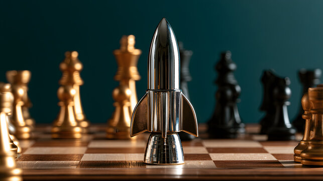 A gleaming silver rocket toy commands attention on a wooden chessboard, its golden and black chess pieces surrounding it against a dark teal backdrop.