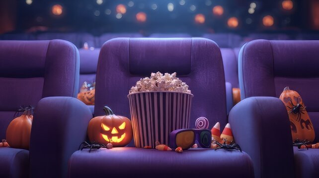 Halloween movie theater interior with popcorn and jack-o-lanterns. Spooky cinema seats with pumpkins and candy corn. Horror film night concept.