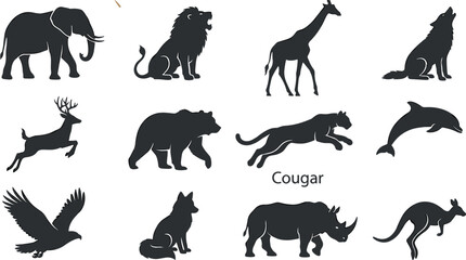 Fototapeta premium Wild Animal Silhouette Vector Icon Set Featuring Elephant, Lion, Giraffe, Wolf, Deer, Bear, Cougar, Dolphin, Eagle, Fox, Rhino, and Kangaroo Symbols