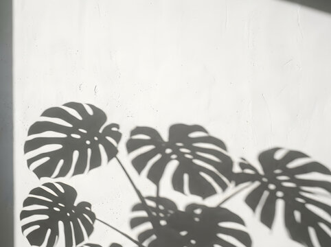 Minimalist monstera leaf shadow on white wall. Tropical plant silhouette background. Aesthetic floral shadow overlay for product presentation.