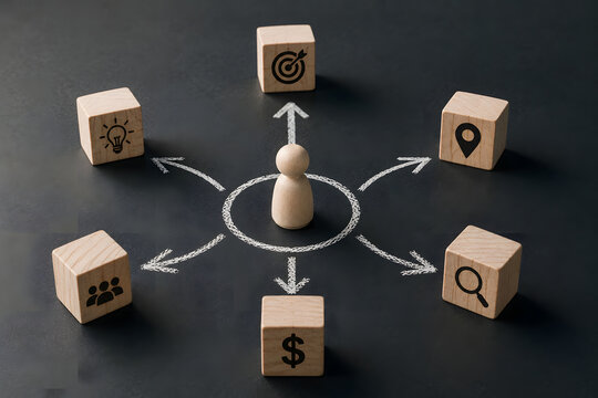 A wooden figure stands at the center of branching arrows toward idea, target, location, audience, research, and finance, representing business strategy.