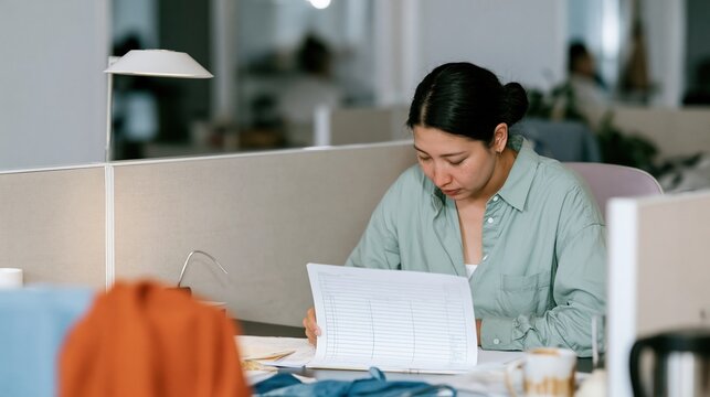 East Asian woman sitting at a dark desk in a dimly lit office, looking at a blank form template for manager training and business communication