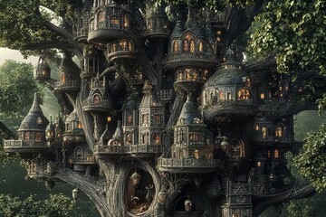 Obraz premium Explore a magical tree city where enchanted creatures make their homes