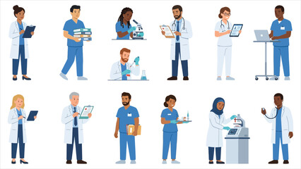 Fototapeta premium Medical Staff and Healthcare Professionals Flat Illustration Character Set