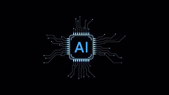 Futuristic AI chip with glowing neon circuit board, digital network and high tech interface on dark blue background representing artificial intelligence machine learning automation and technology