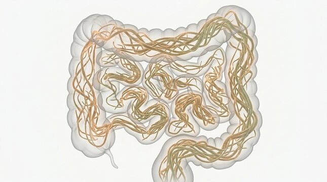 3D Illustration of Human Intestines with Parasitic Worm Infection Representing Helminthiasis Disease