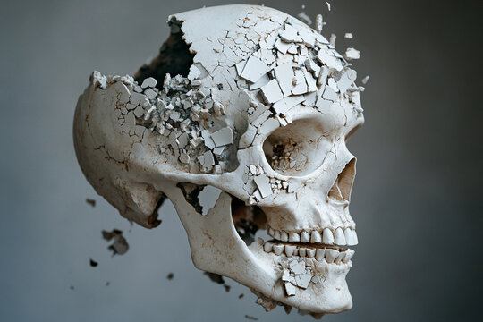 Fragmented beauty of a half formed skull resting among shattered remains