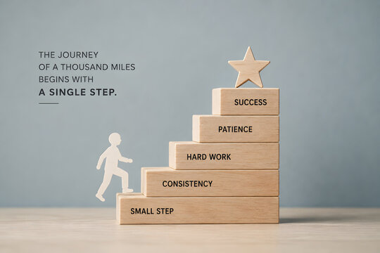Wooden staircase blocks labeled with progress values show how small steps, consistency, hard work, and patience lead to success.
