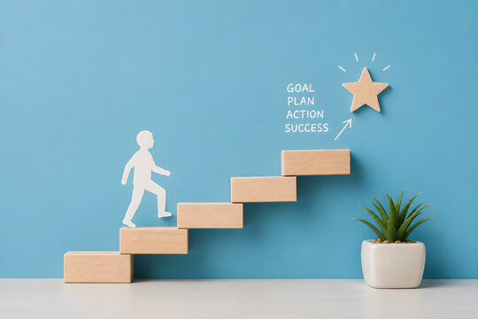 A human figure climbs wooden block steps toward a star, illustrating goal setting, action, progress, achievement, and personal success.