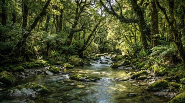 Sunlit Clear Brook Running over Stones in Dense Green Virgin Forest