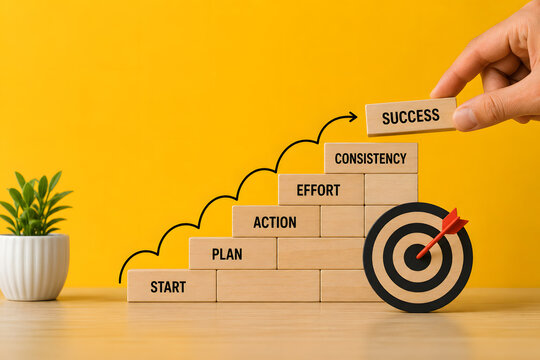 Wooden blocks form rising steps from start and planning to consistent action and success, symbolizing progress, goals, and achievement.
