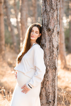 Stylish pregnant woman 30-35year old wearing knitted maternity clothes posing with closed eyes outdoors over autumn nature background. Motherhood.