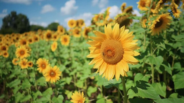 Close up of sunflowers in field with bees pollinating flowers. scene features vibrant yellow petals and brown centers surrounded by green foliage under bright daylight. clear blue sky adds