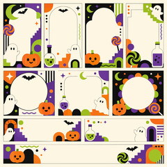 Fototapeta premium Set of cute Halloween themed frames and borders with ghosts and pumpkins.