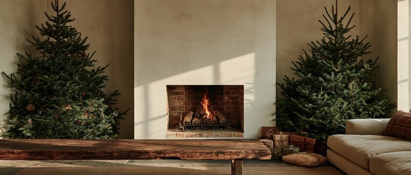 Bare timber ledge with weathered grain in a cozy living room featuring a burning fireplace and Christmas trees for a retail banner mockup