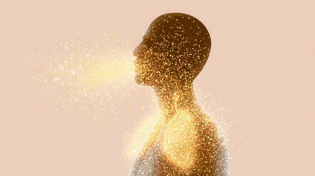 Sparkling particles rise from the silhouette of a person against a plain background