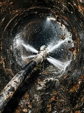 High Pressure Water Jetting Nozzle Cleaning a Clogged Sewer Pipe for Industrial Maintenance and Drainage Repair