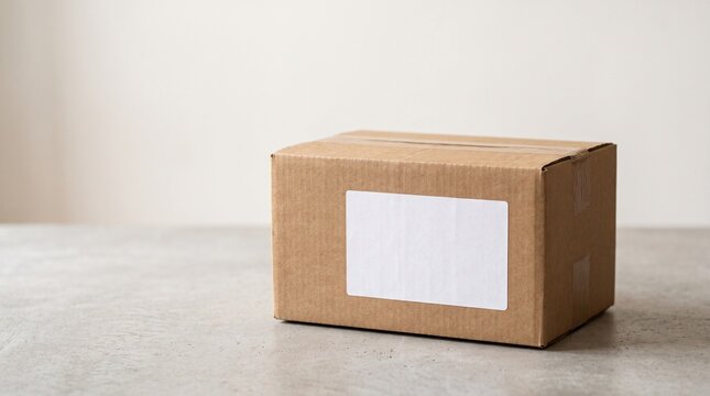 Cardboard delivery box with blank white shipping label on a neutral surface