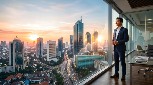 Businessman silhouette at office window with city skyline
