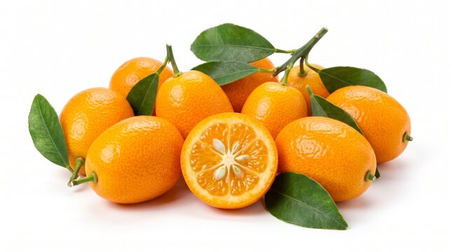 Fresh kumquat fruits with green leaves on white background. Group of ripe orange kumquats, organic citrus fruit for healthy diet.