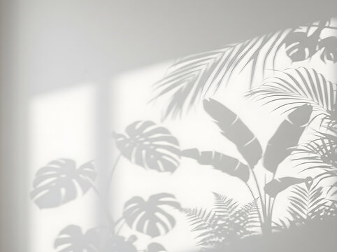 Tropical leaf shadow on white wall, aesthetic palm and monstera leaf shadows, minimalist summer background for product mockups