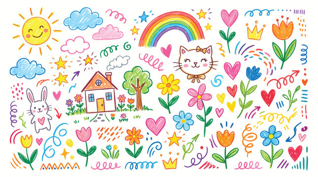 Children school, kindergarten vector doodle set. Cute daycare hand drawn flower, toy, animal elements. Childish cute preschool activity, education doodle background. Vector illustration.