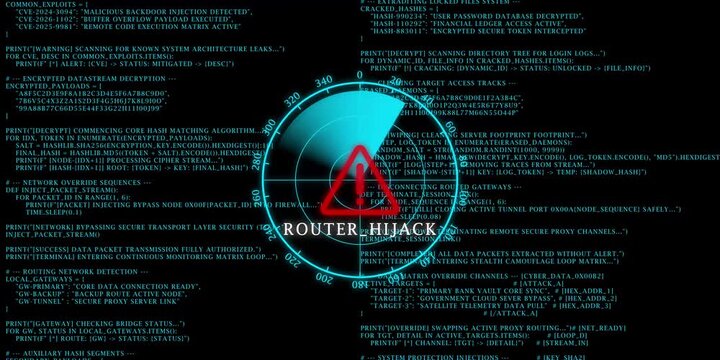 Hacking code scrolling up with flashing router hijack radar on black background