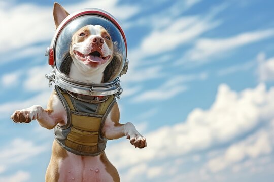Funny corgi dog standing on hind legs wearing astronaut helmet indoors