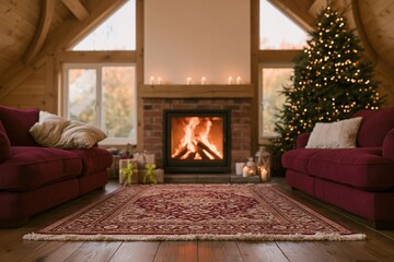 Naklejka premium Brick fireplace with burning logs in a cozy timber-lined living room, featuring a decorated Christmas tree and plush sofas for holiday lifestyle