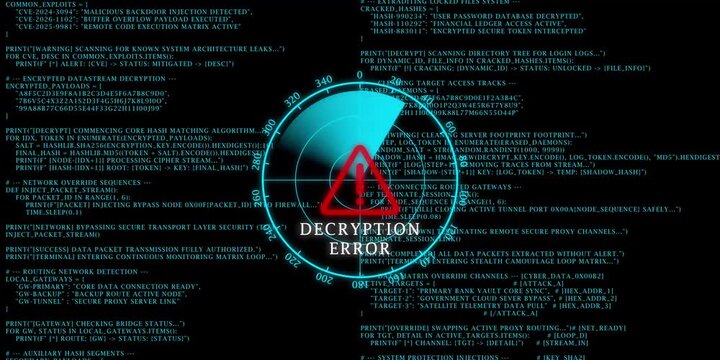Hacking code scrolling up with flashing decryption error radar on black background