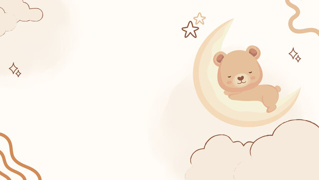 Cute sleeping teddy bear on crescent moon background presentation for nursery