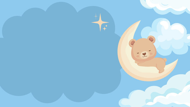 Cute baby nursery blue sky background presentation with sleeping bear on crescent moon