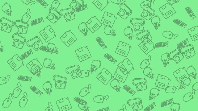 Green background with a mix of lightbulbs, floppy disks, computer mice, cameras, rulers, and tape measures. Ideal for technology concepts.