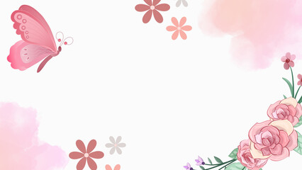 Delicate pink watercolor rose corner background presentation with flying butterfly © SADANAN