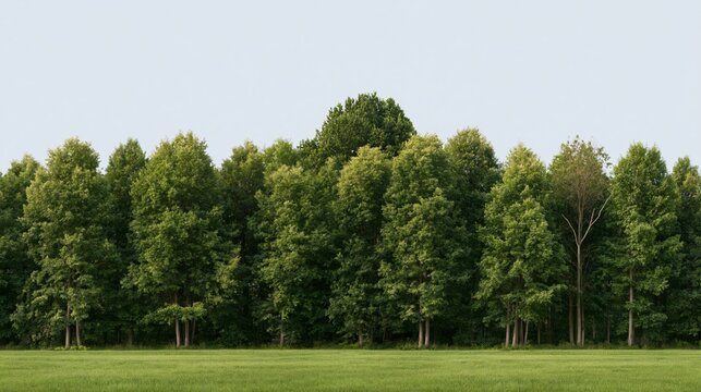 Dense band of mixed broadleaf trees with lush green foliage and a ragged treeline, featuring natural imperfections for architectural visualization and landscape composites