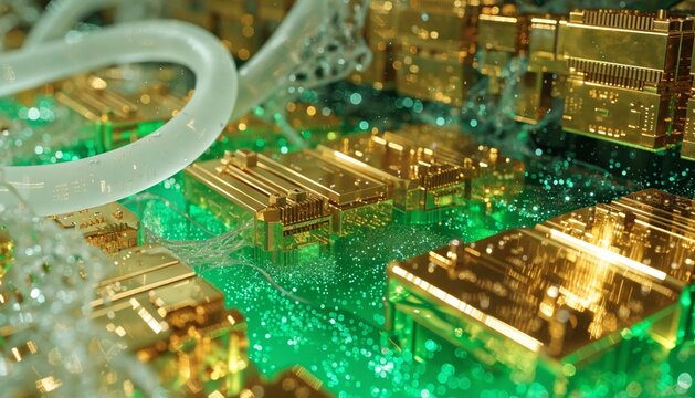 Inside a liquid-cooled supercomputer tank, glowing neon-green fluid surrounding intricate golden processing units, soft macro focus.