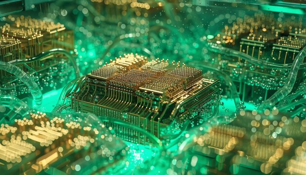 Inside a liquid-cooled supercomputer tank, glowing neon-green fluid surrounding intricate golden processing units, soft macro focus.
