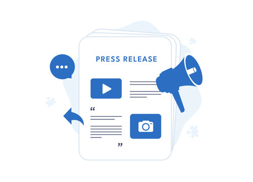 Press release distribution for digital PR, media outreach and brand communication. Online publishing with news content, social media promotion and multimedia marketing vector illustration.
