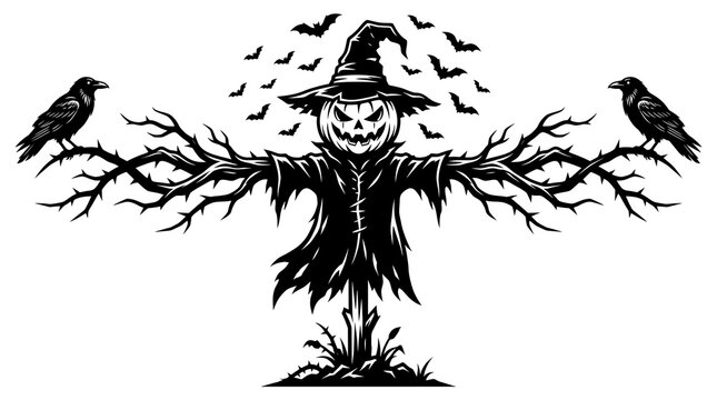 Halloween pumpkin scarecrow with crows and bats isolated on transparent background
