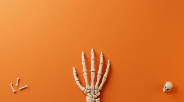 Skeleton hand reaching out with small bones and skull on orange background