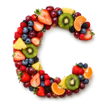 A vibrant mix of berries, kiwi, pineapple, citrus and grapes arranged into a colorful letter C on white.