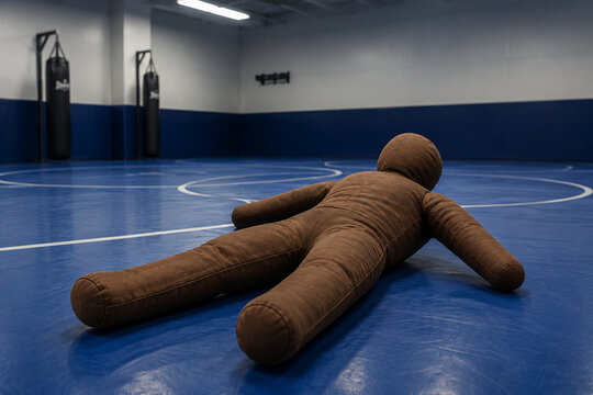 Grappling dummy on wrestling mat in training gym, martial arts and fitness concept