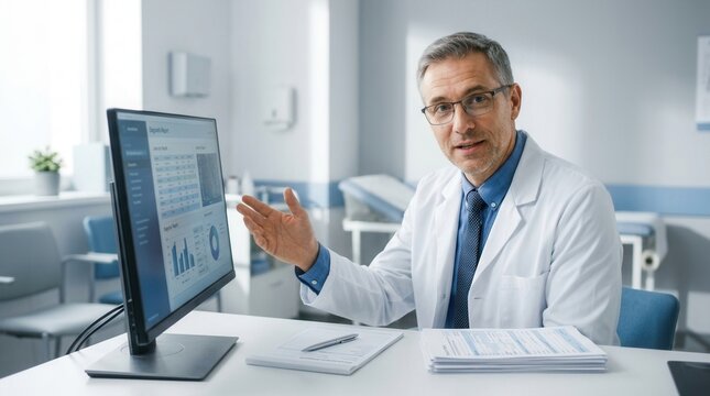 Doctor Explaining Medical Data On Computer Screen In Office Setting