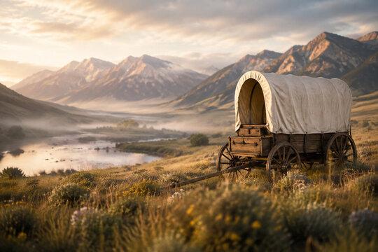 Covered wagon in a river valley at dawn, soft mist and warm light over the plains.