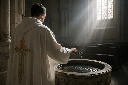 Priest in white robe blessing holy water at stone font, sanctifying ritual in empty church interior