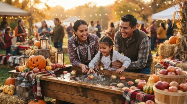 Autumn Family Fun Festival: A joyful family enjoys a festive apple bobbing game at an outdoor autumn festival, surrounded by seasonal decorations and a lively crowd under the warm evening light.