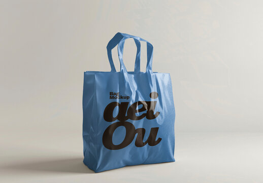 Blue Tote Bag Mockup PSD On Studio Backdrop, Isolated Retail Packaging