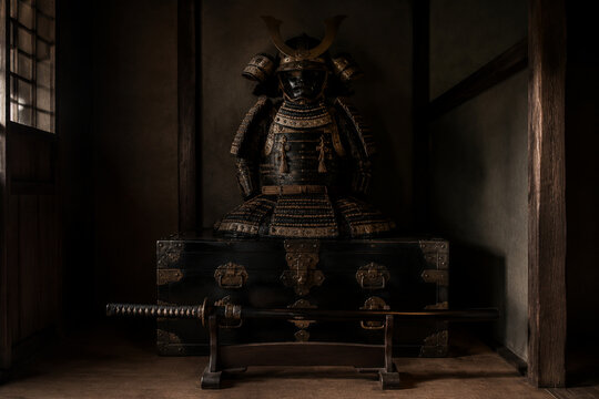 Bushido still life with samurai armor and katana in dark alcove