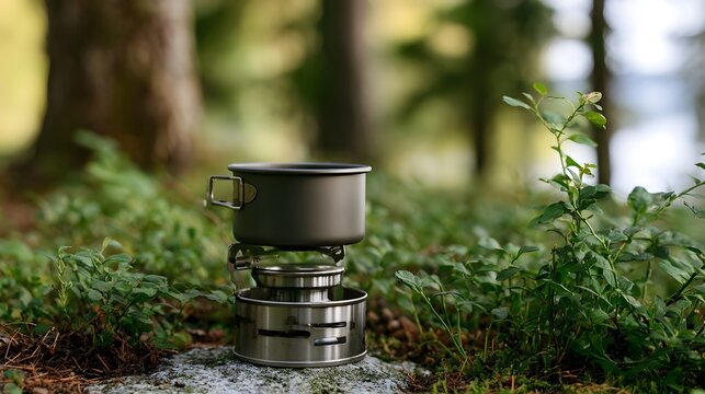 A portable camping stove with a small pot sits on a mossy rock surrounded by green forest undergrowth